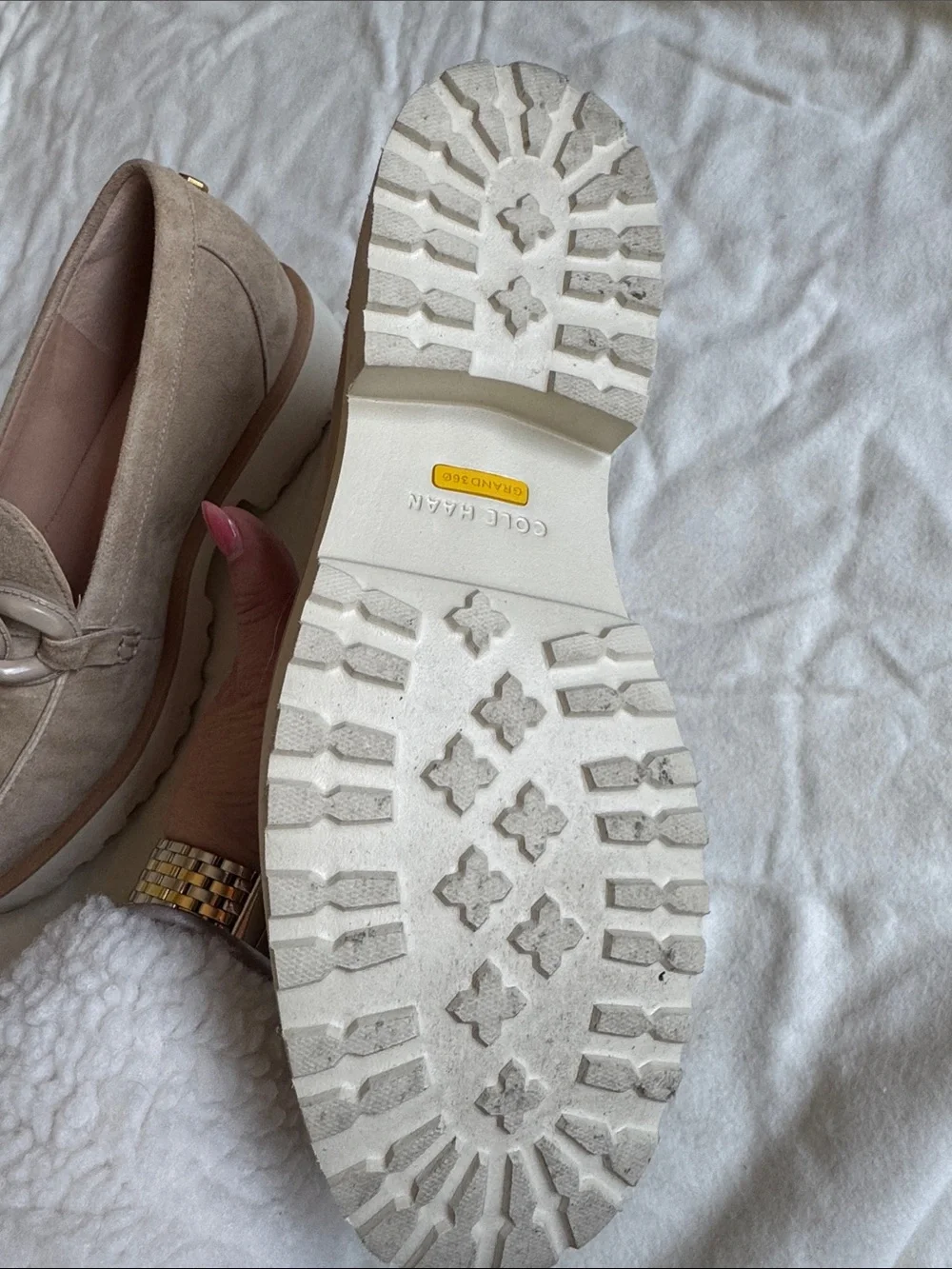 Cole Haan Neutral Taupe Suede Loafers with Glossy Chain